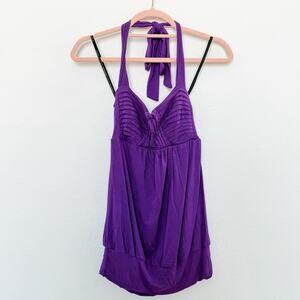 Y2K Bebe Pleated Babydoll Halter Top Draped Bust Purple Size S Coquette Glam‎